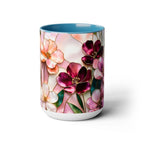 Stained Glass Style Floral Mug, 15 oz, Pink & Burgundy Flowers Floral Art Coffee Cup 15oz