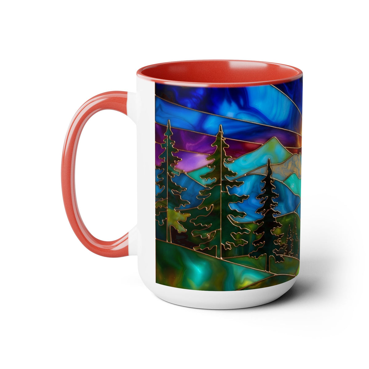 Stained Glass Style Sunset Mountains Coffee Mug, Pine Forest Cup Gift 15oz