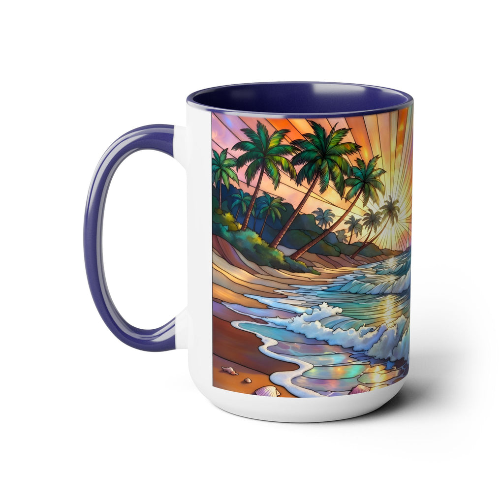 Stained Glass Style Ocean Beach Mug 15oz, Sunrise High Waves Coffee Cup, Palm Tree Coastal Art Cup, Tropical Beach Gift