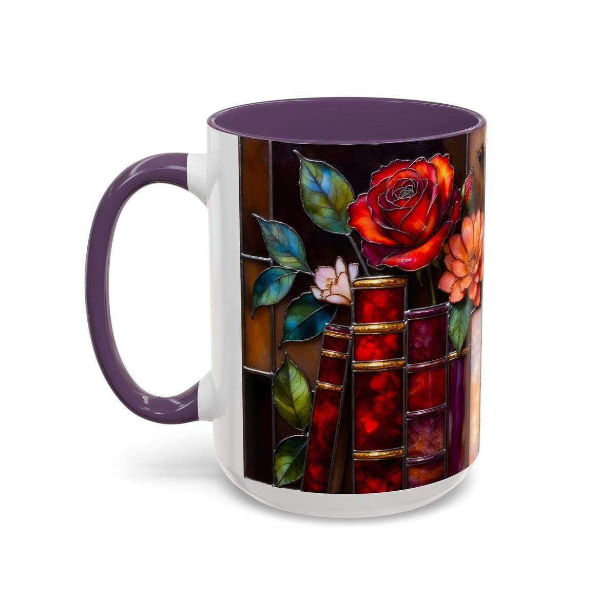 Floral Stained Glass Style Book Mug, Bookshelf Floral Ceramic Mug 15oz, Elegant Book Lover Gift, Garden Book Lover Gift