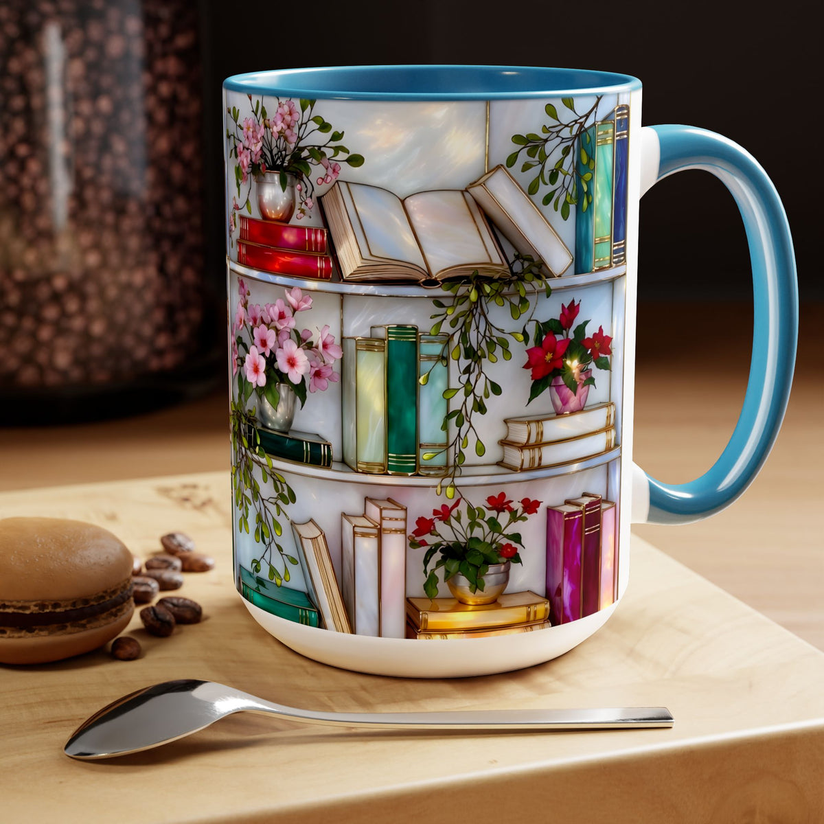 Stained Glass Style Bookshelf Mug, Colorful Floral Book Mug, Book Lover Gift. Elegant Reading Mug