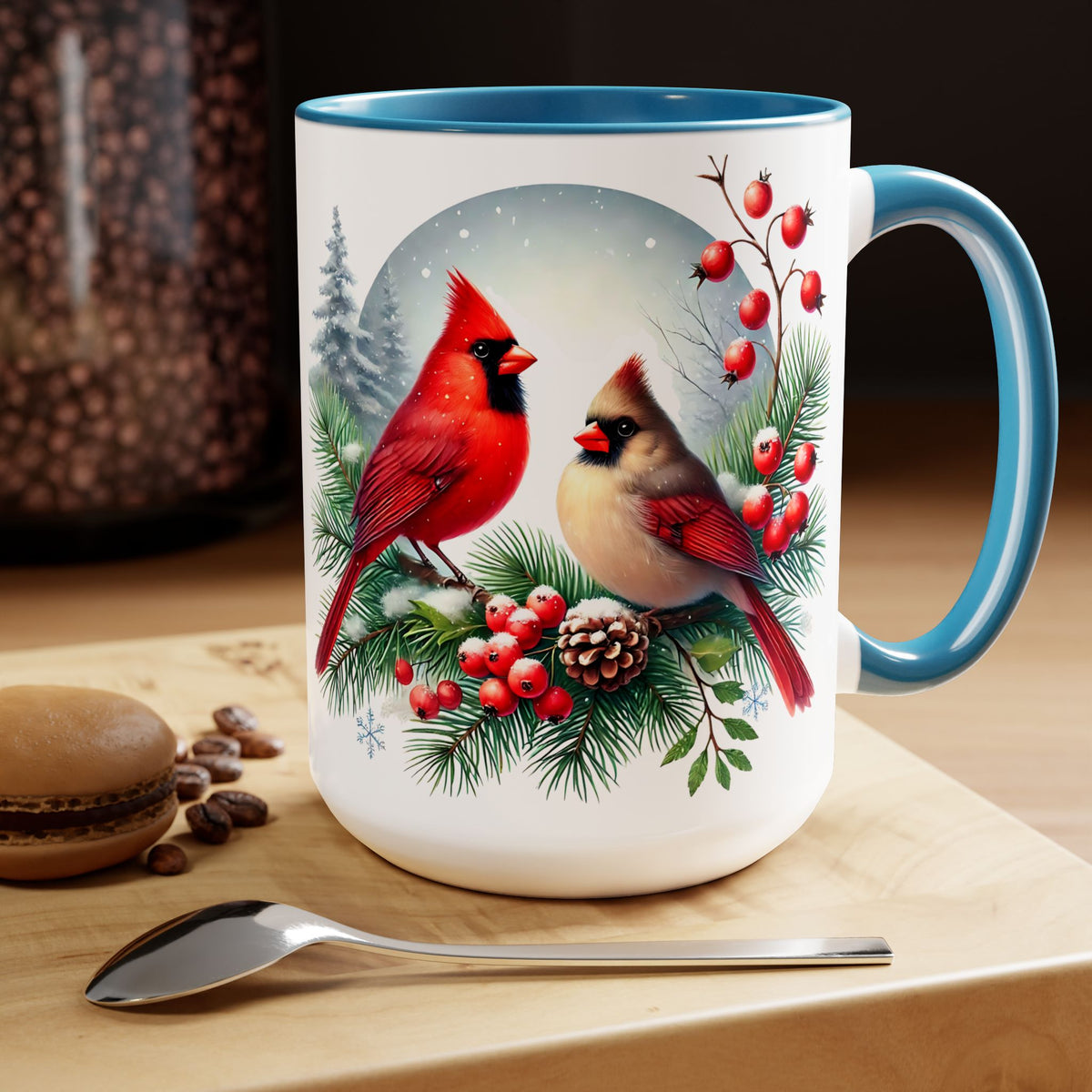 Cardinal Christmas Mug, Bird on Snowy Branch Mug, Bird Retro Christmas Mug, Cottagecore Mug, Christmas Cardinal Pair Mug, Christmas Mug 15oz