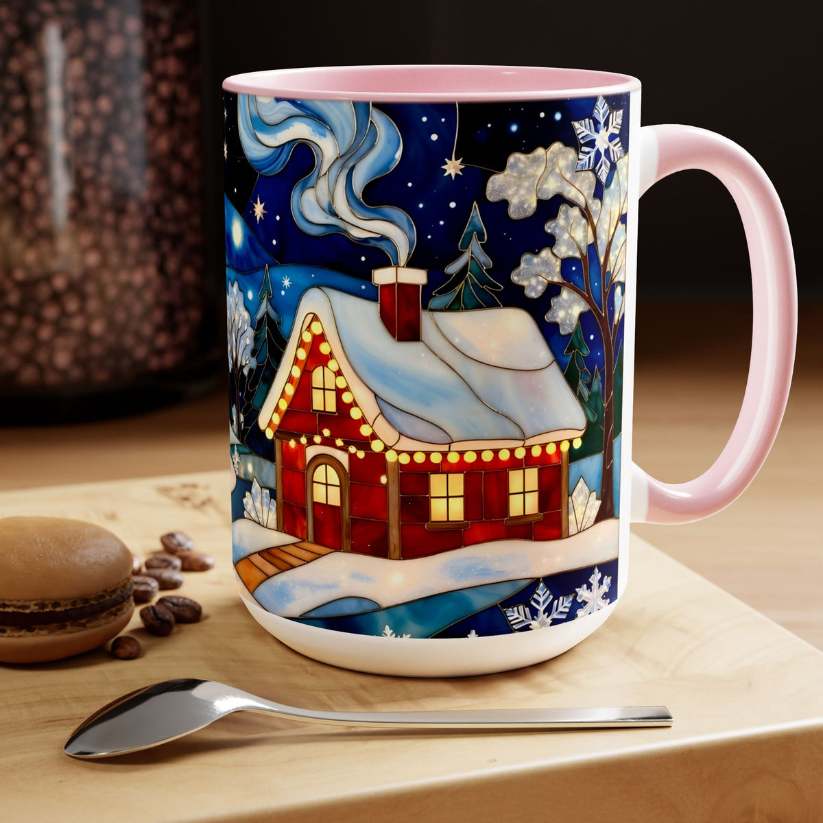 Stained Glass Christmas Village Mug, Winter Cottage Snow Scene Mug, Cozy Holiday Art Cup, Christmas Gift Mug 15oz