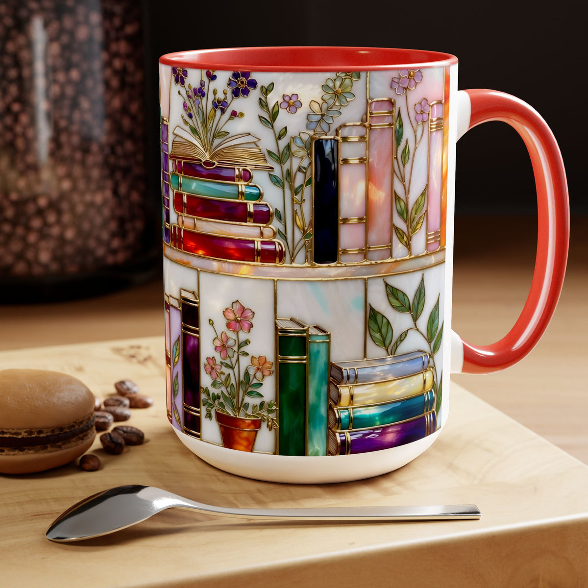 Floral Book Mug, Bookish Stained-Glass Style Mug, Book Lover Gift, Library Aesthetic Cup, Teacher Gift, Reading Mug 15oz