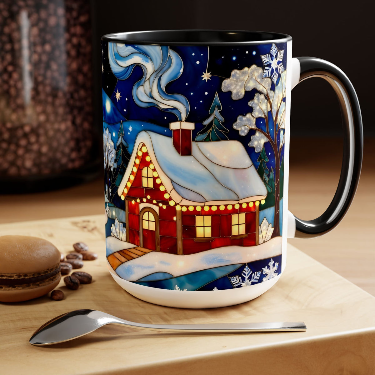 Stained Glass Christmas Village Mug, Winter Cottage Snow Scene Mug, Cozy Holiday Art Cup, Christmas Gift Mug 15oz