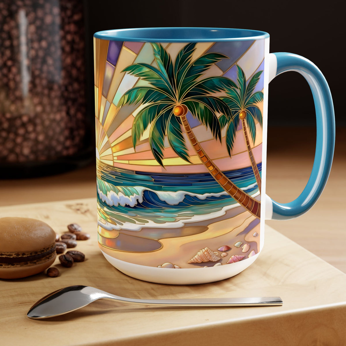 Beach Sunrise Stained Glass Style Mug, Coastal Ocean Coffee Cup, Sunrise Sea Mug, Beach Lover Cup 15oz