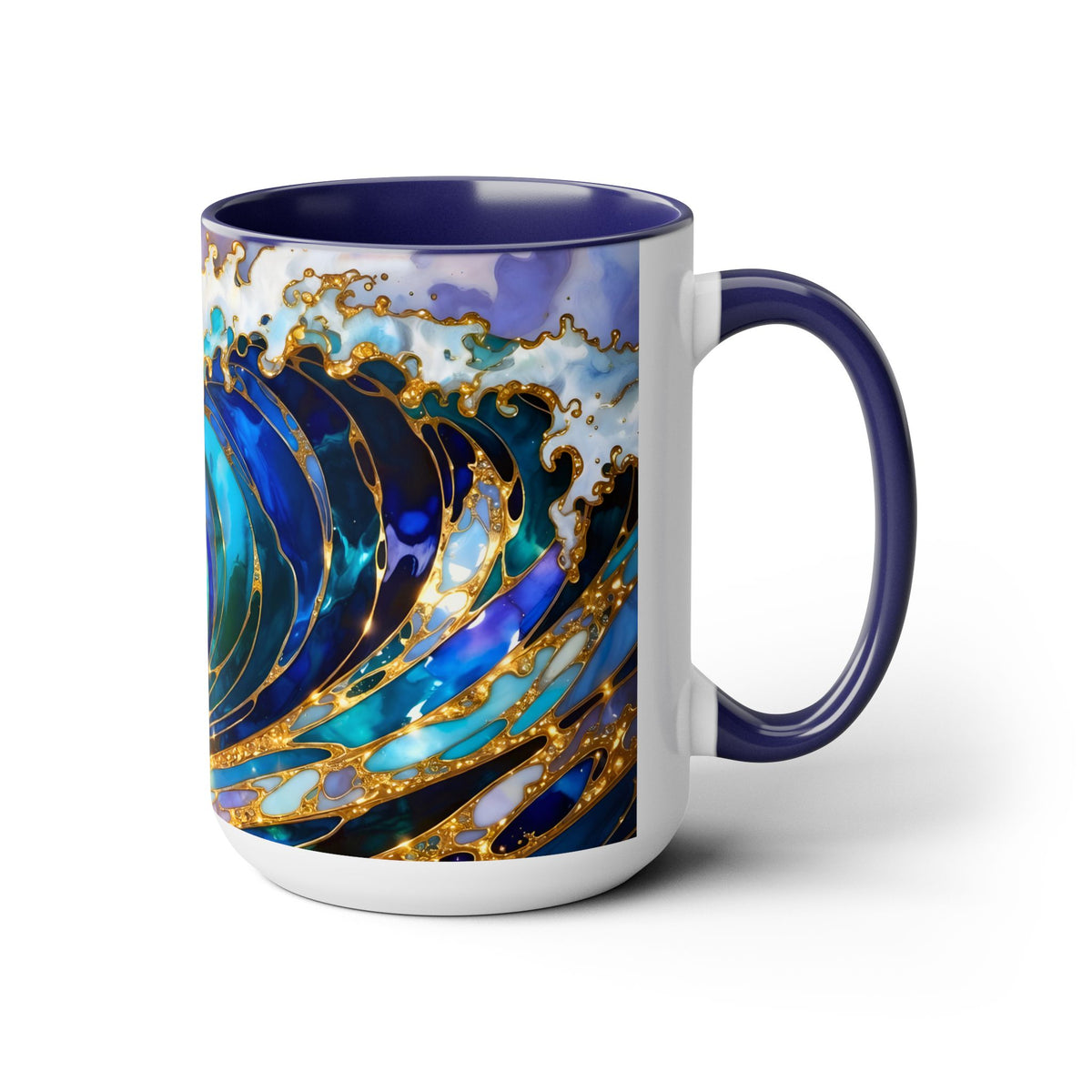 Ocean Waves Stained Glass Style Coffee Mug, Coastal Beach Decor Cup, Nautical Sea Wave Art Mug 15oz