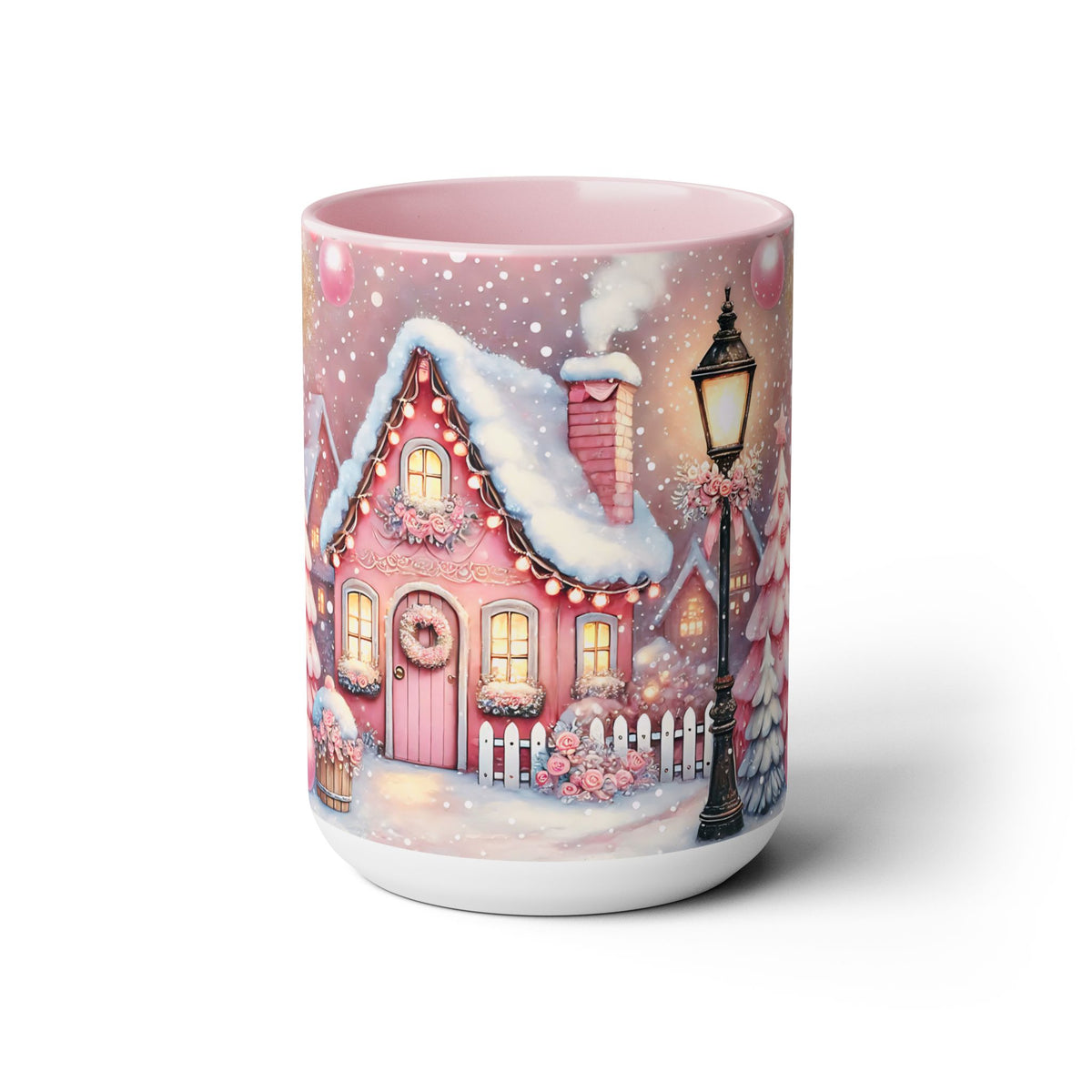 Pink Christmas Village Mug, Christmas Coffee Mug Gift, Merry Christmas Mug, Pink Winter Mug, Holiday Kitchen Decor, Elegant Coffee Mug 15oz