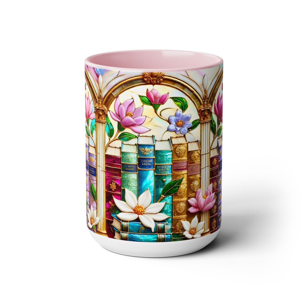 Floral Bookshelf Coffee Mug, Bookish Faux Stained-Glass Mug, Book Lover Gift, Reading Mug for Women, Library Aesthetic Cup 15oz