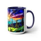 Stained Glass Style Sunset Mountains Coffee Mug, Pine Forest Cup Gift 15oz