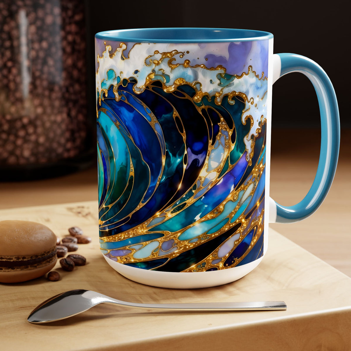 Ocean Waves Stained Glass Style Coffee Mug, Coastal Beach Decor Cup, Nautical Sea Wave Art Mug 15oz