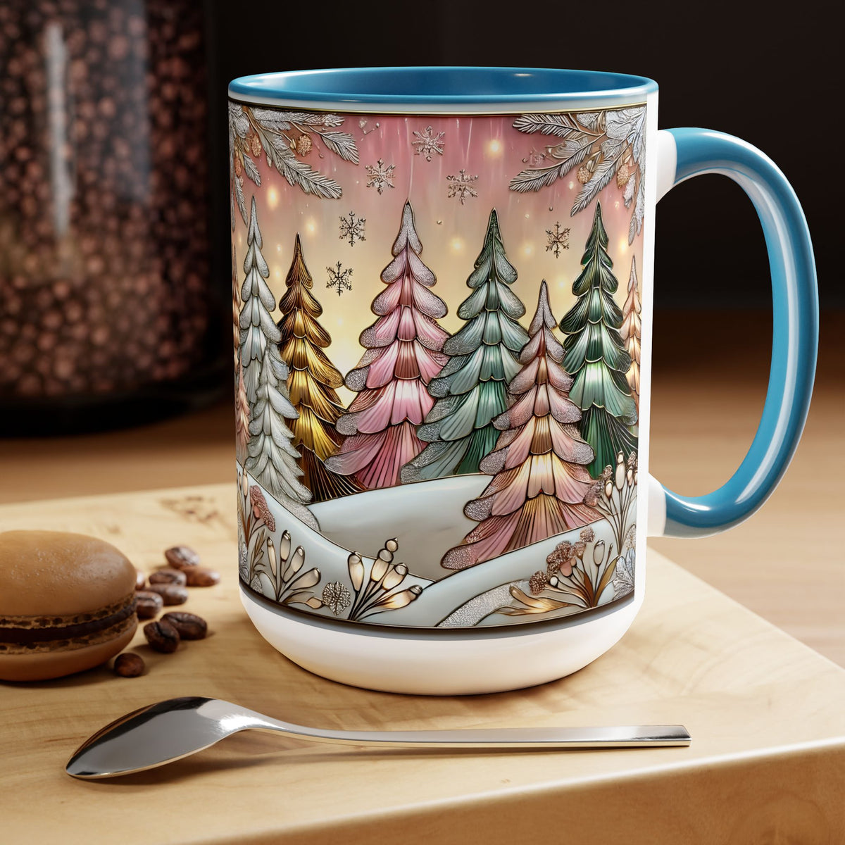 Pink Christmas Tree Mug, Stained Glass Style Forest Coffee Cup, Nature Lover Gift, Holiday Mug for Women, Winter Gift Idea