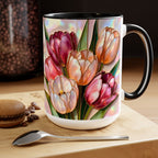 Stained Glass Style Tulip Mug, 15 oz, Pink & Peach Floral Coffee Cup, Spring Mug