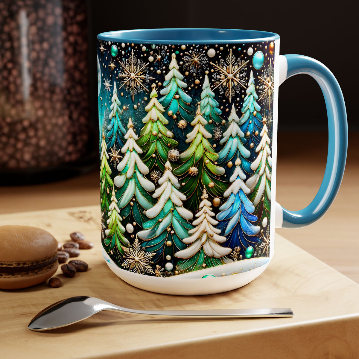 Pine Forest Mug 15oz, Stained Glass Style Coffee Cup, Winter Evergreen Tree Mug, Nature Lover Christmas Gift