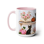 Halloween Ghost Bookshelf Mug, Black Cat Coffee Mug, Witchy Ghost Mug, Book Lover Gift, Spooky Library Mug, Pink Floral Bookshelf Mug 15oz