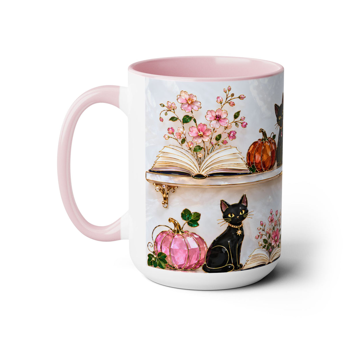 Halloween Ghost Bookshelf Mug, Black Cat Coffee Mug, Witchy Ghost Mug, Book Lover Gift, Spooky Library Mug, Pink Floral Bookshelf Mug 15oz