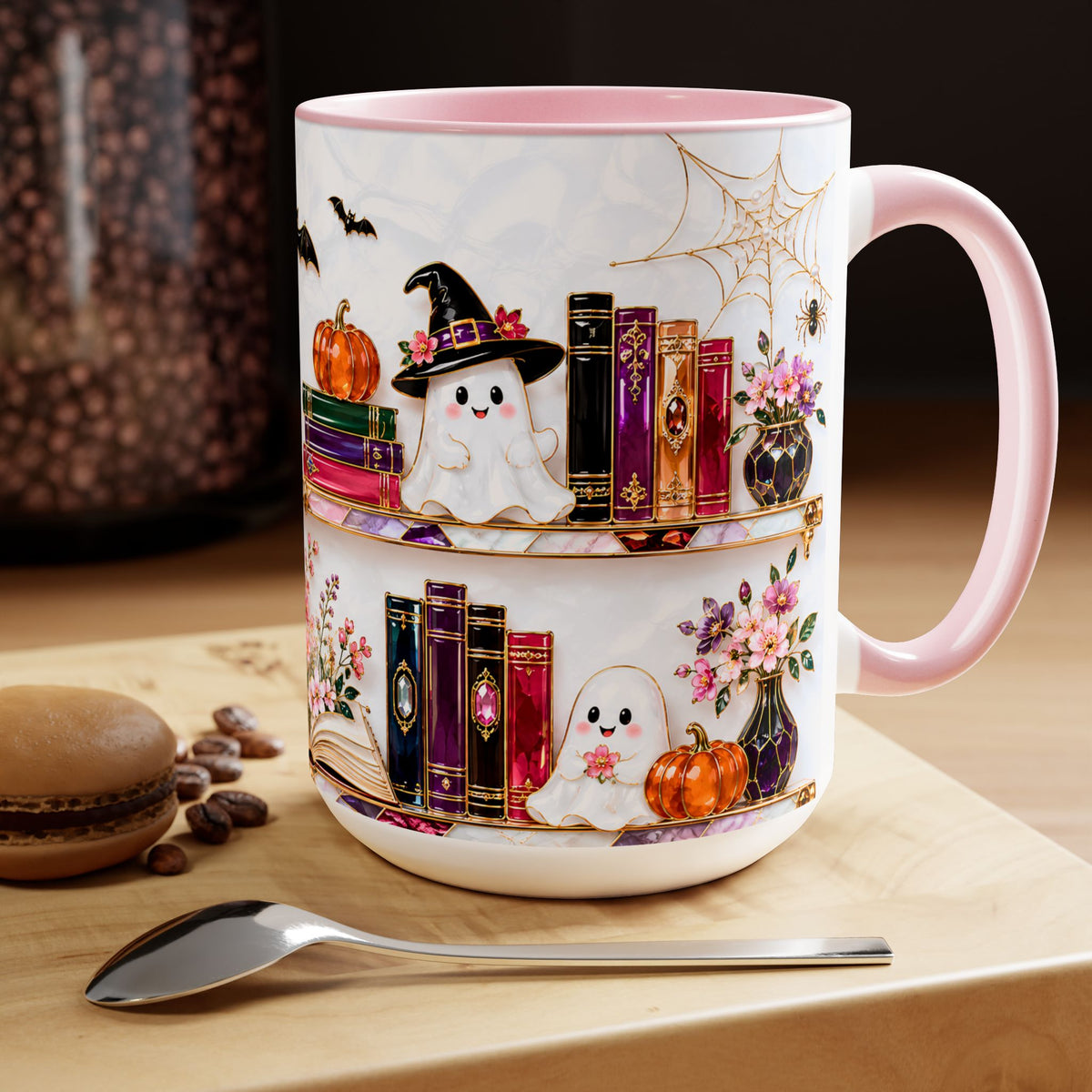 Halloween Ghost Bookshelf Mug, Black Cat Coffee Mug, Book Lover Gift, Witchy Ghost Mug, Spooky Library Cup, Fall Mug, Dark Academia Mug