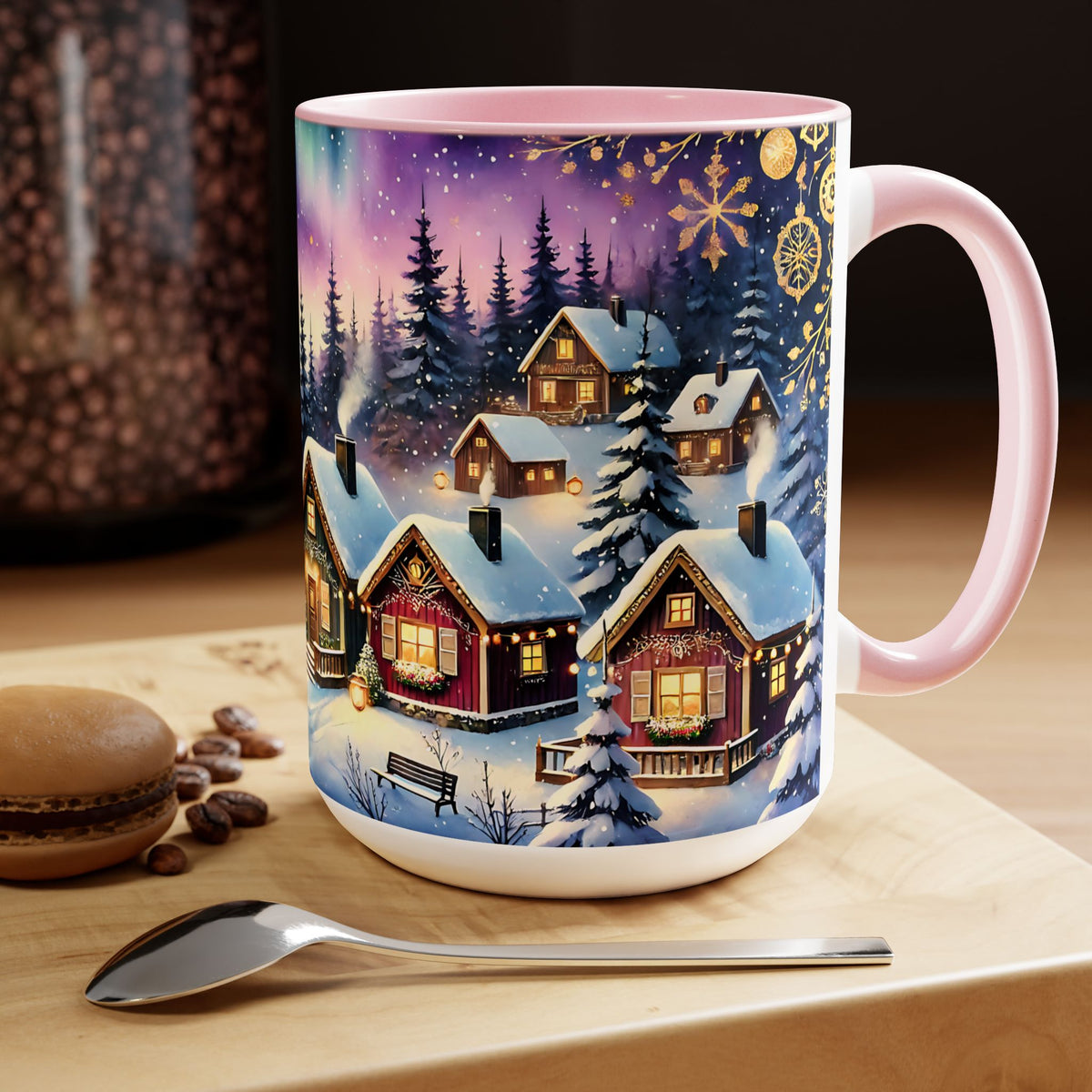 Christmas Village Mug, Christmas Mug, Christmas Mountain Mug, Aurora Borealis Mug, Unique Christmas Gift, Lake Mug, Vintage Style Mug 15oz