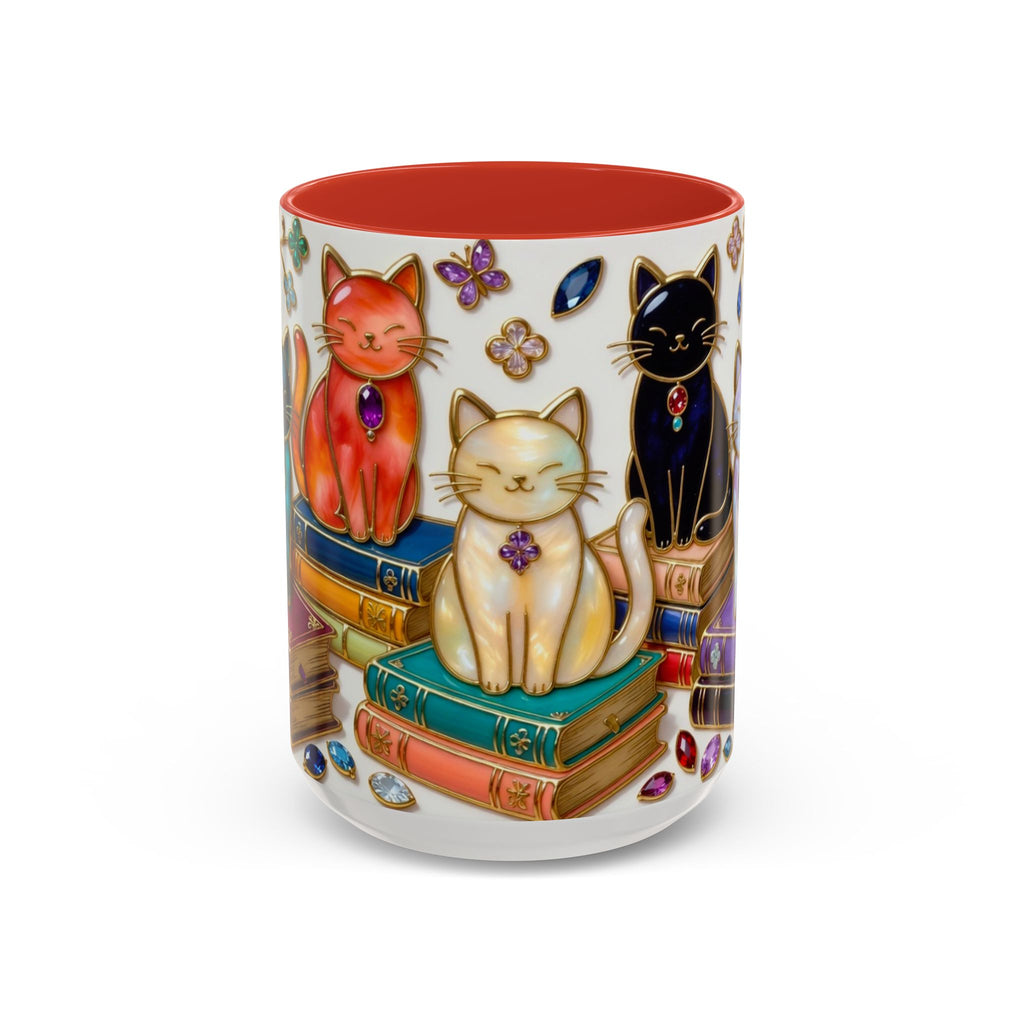 Stained Glass Style Cats Mug, Bookish Cat Art Mug, Jewel Tone Fantasy Cats Cup, Book Lover Mug 15oz