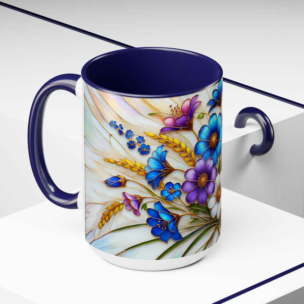Blue Wildflower Mug, Stained Glass Style Floral Coffee Cup 15oz