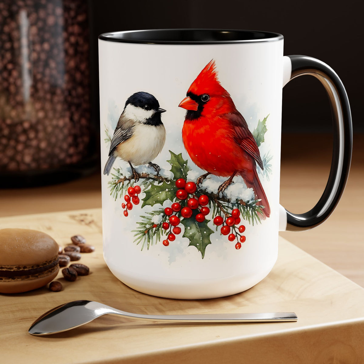 Cardinal Chickadee Mug, Birds on Snowy Branch Mug, Birds Retro Christmas Mug, Winter Mug, Christmas Kitchen Decor Mug, Birds Lover Mug 15oz