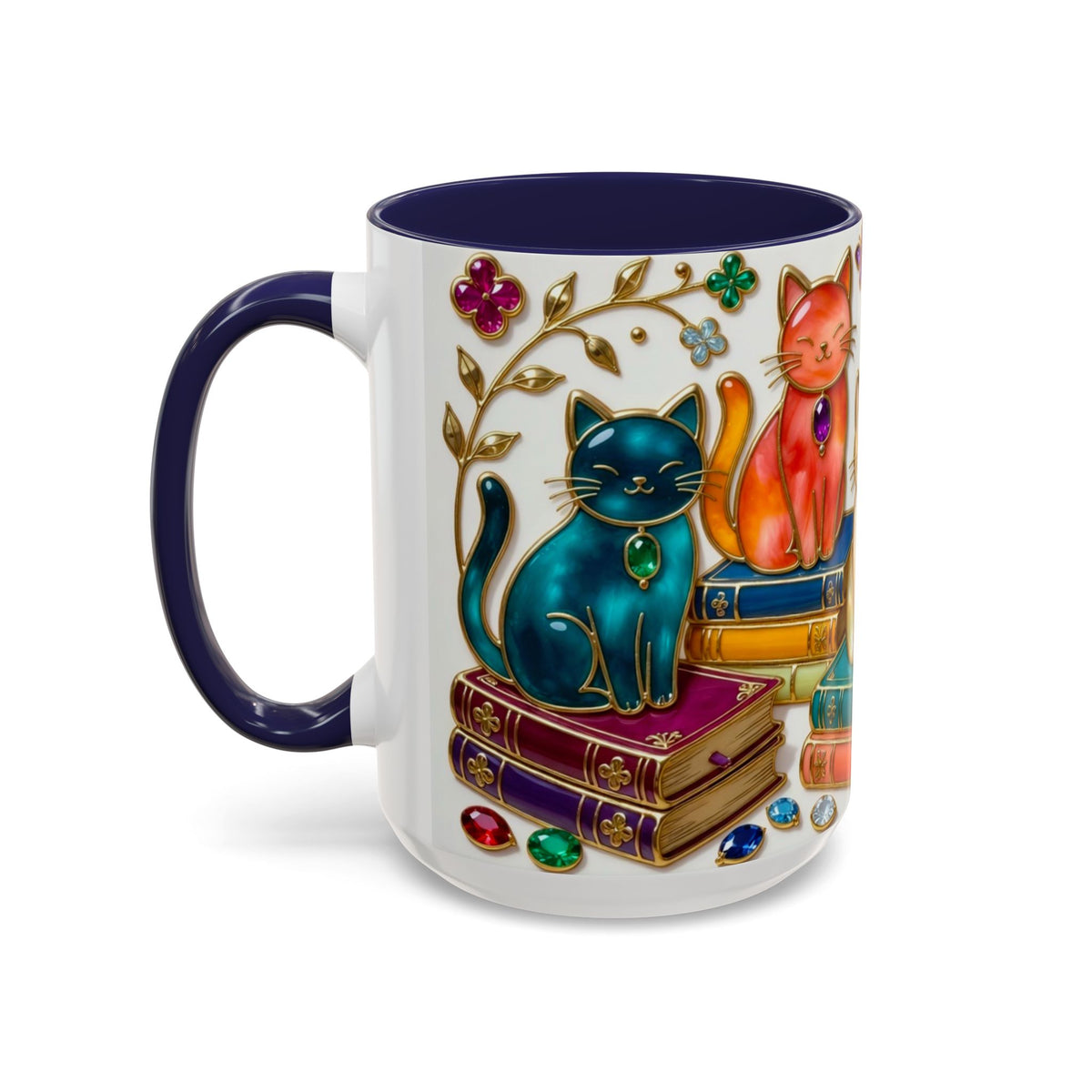 Stained Glass Style Cats Mug, Bookish Cat Art Mug, Jewel Tone Fantasy Cats Cup, Book Lover Mug 15oz