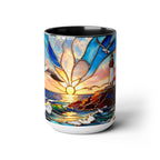 Lighthouse Sunset Mug, Coastal Stained Glass Style Coffee Cup, Nautical Coffee Mug 15oz