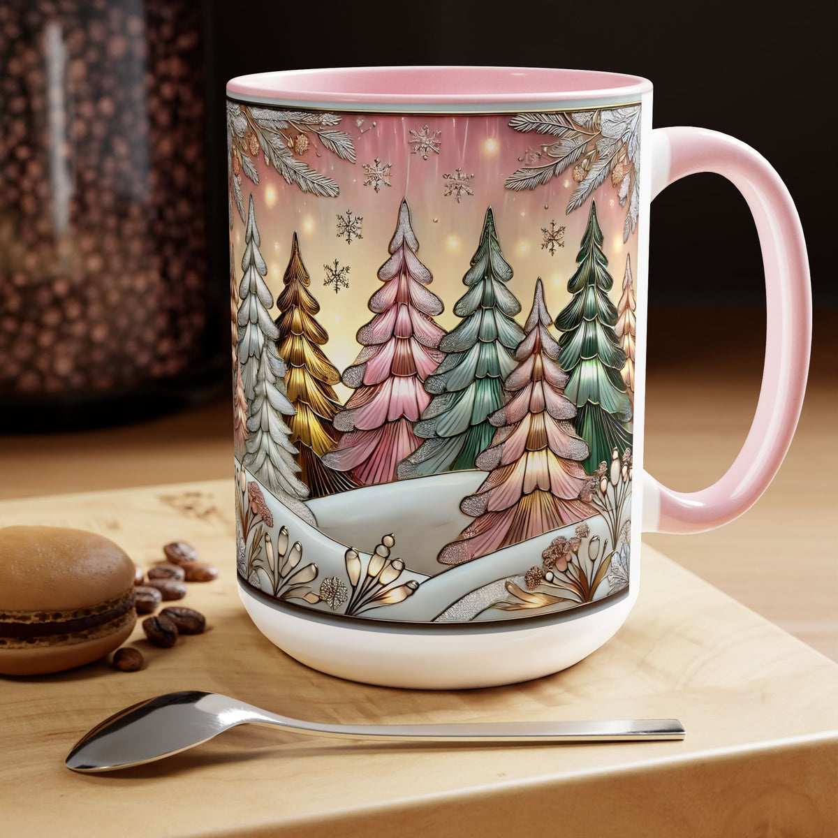 Pink Christmas Tree Mug, Stained Glass Style Forest Coffee Cup, Nature Lover Gift, Holiday Mug for Women, Winter Gift Idea