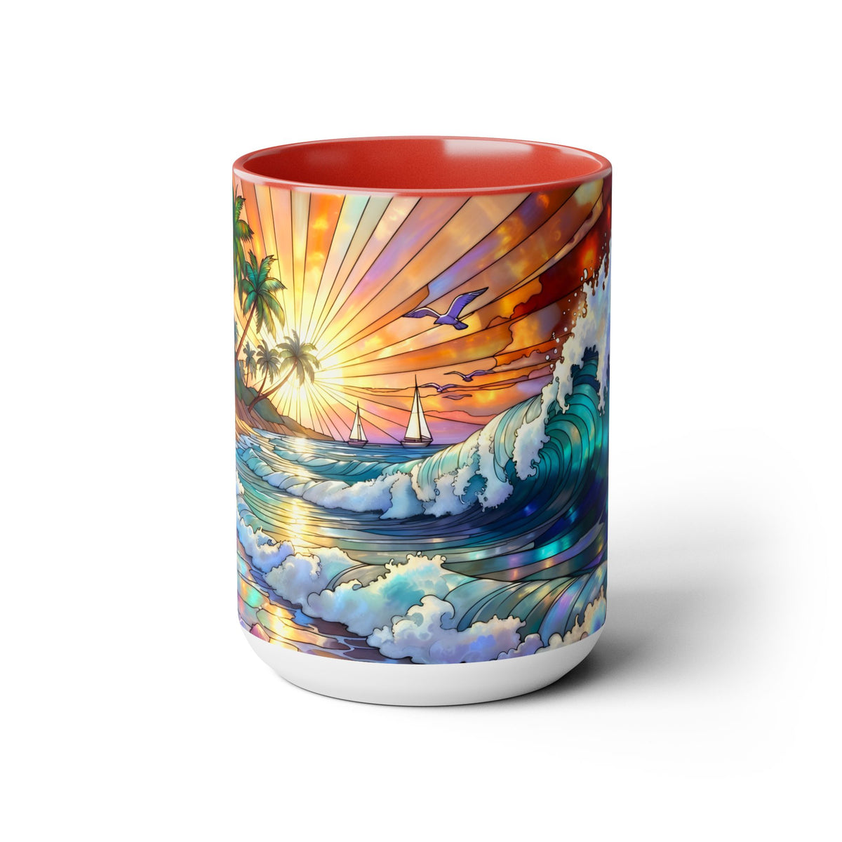 Stained Glass Style Ocean Beach Mug 15oz, Sunrise High Waves Coffee Cup, Palm Tree Coastal Art Cup, Tropical Beach Gift