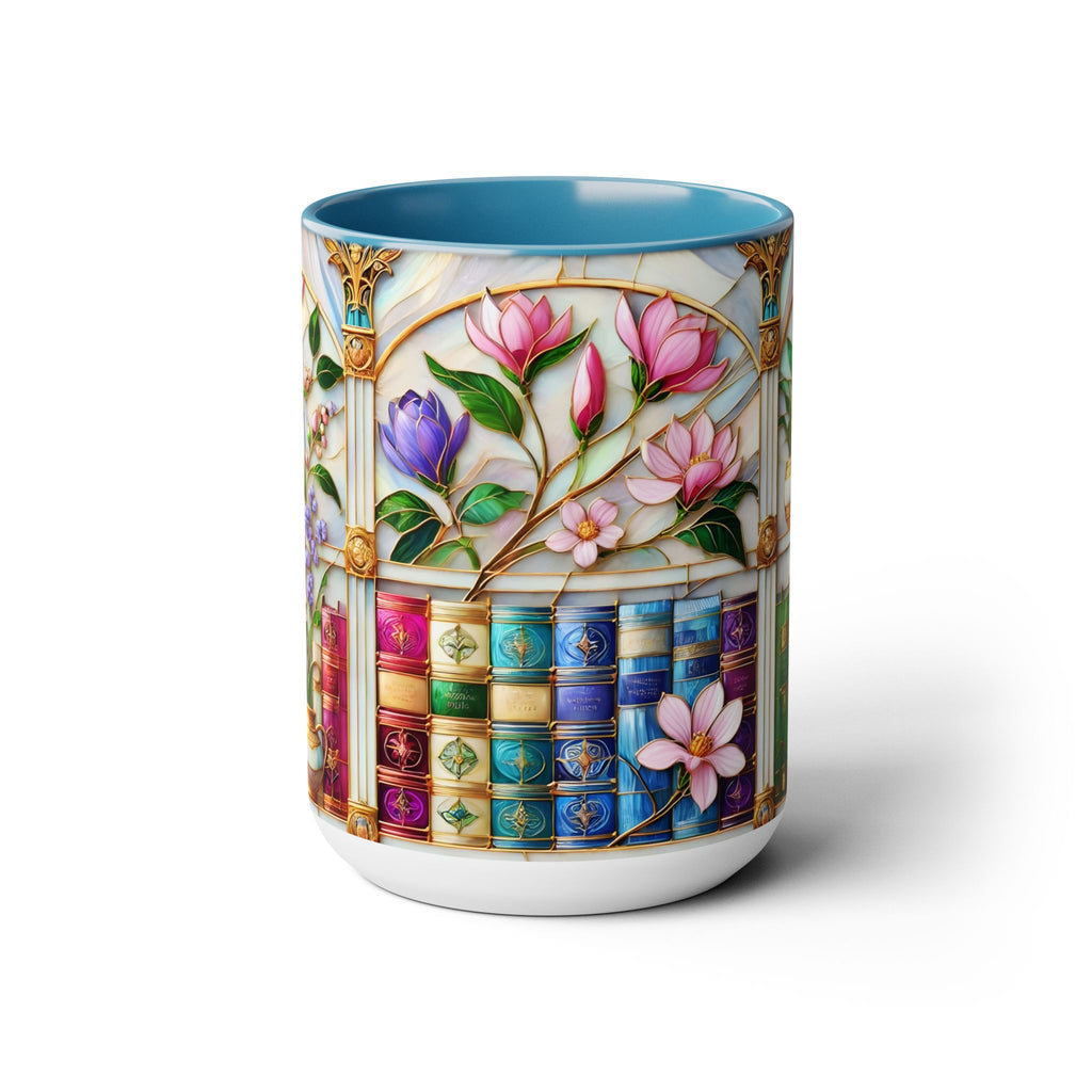 Floral Bookshelf Coffee Mug, Bookish Stained-Glass Style Mug, Book Lover Gift, Reading Mug for Women, Library Aesthetic Cup 15oz
