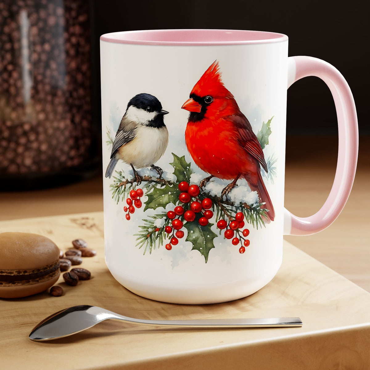 Cardinal Chickadee Mug, Birds on Snowy Branch Mug, Birds Retro Christmas Mug, Winter Mug, Christmas Kitchen Decor Mug, Birds Lover Mug 15oz