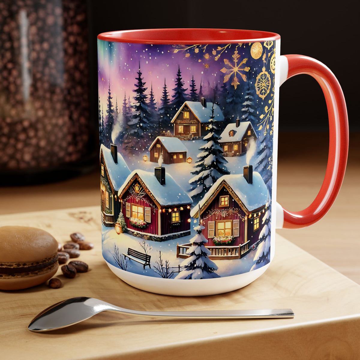 Christmas Village Mug, Christmas Mug, Christmas Mountain Mug, Aurora Borealis Mug, Unique Christmas Gift, Lake Mug, Vintage Style Mug 15oz