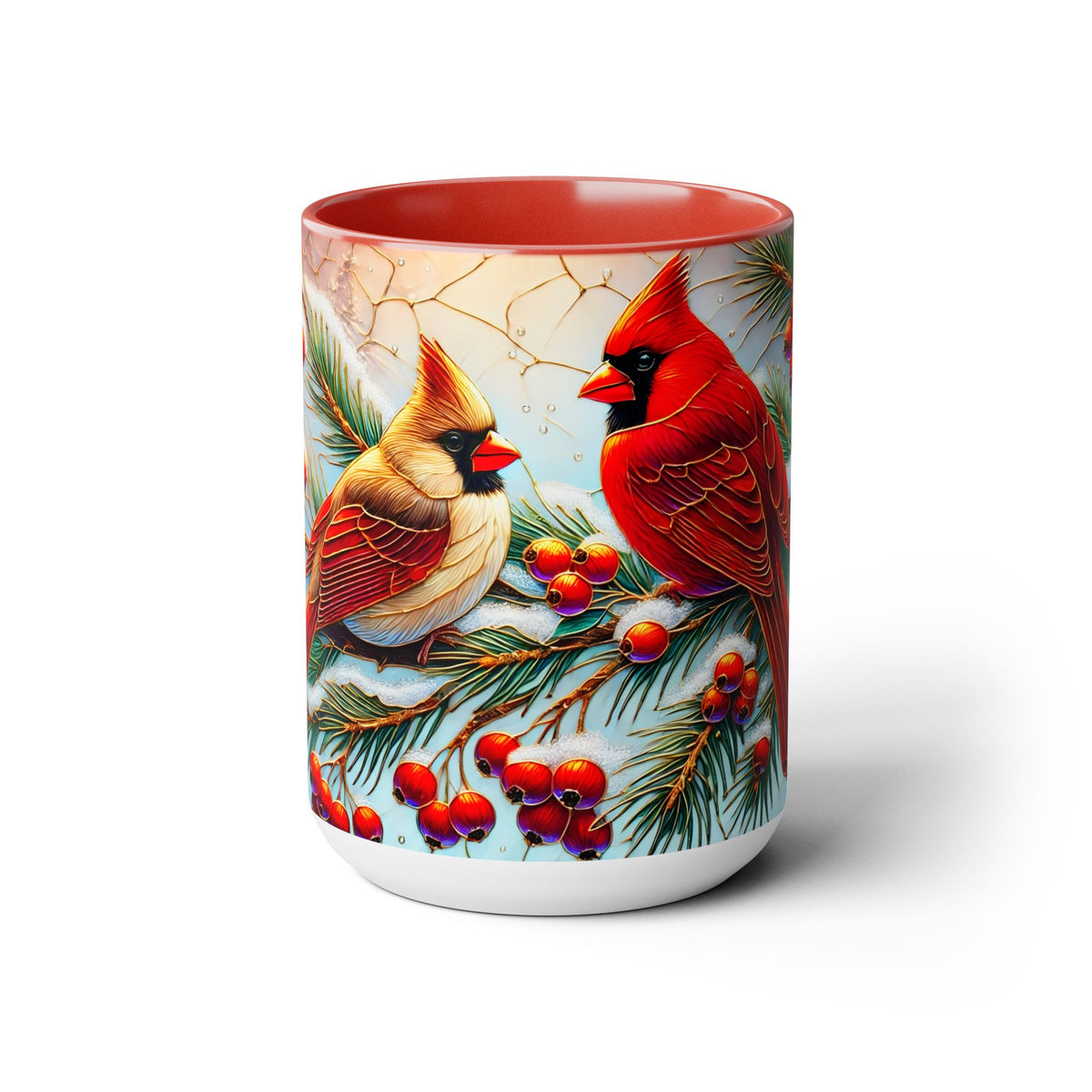 Cardinal Winter Mug, Stained Glass Style Birds on Snowy Branch Mug, Bird Retro Christmas Mug 15oz
