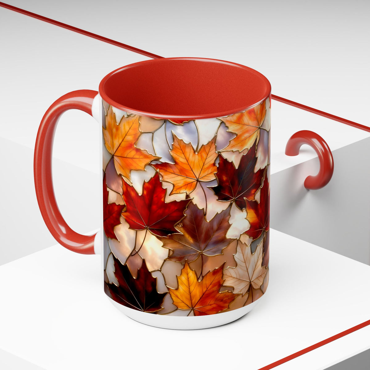 Autumn Maple Leaf Mug, Fall Stained-Glass Style Coffee Cup, Cozy Ceramic Seasonal Mug, Thanksgiving Gift Mug, Botanical Mug, Nature Mug 15oz