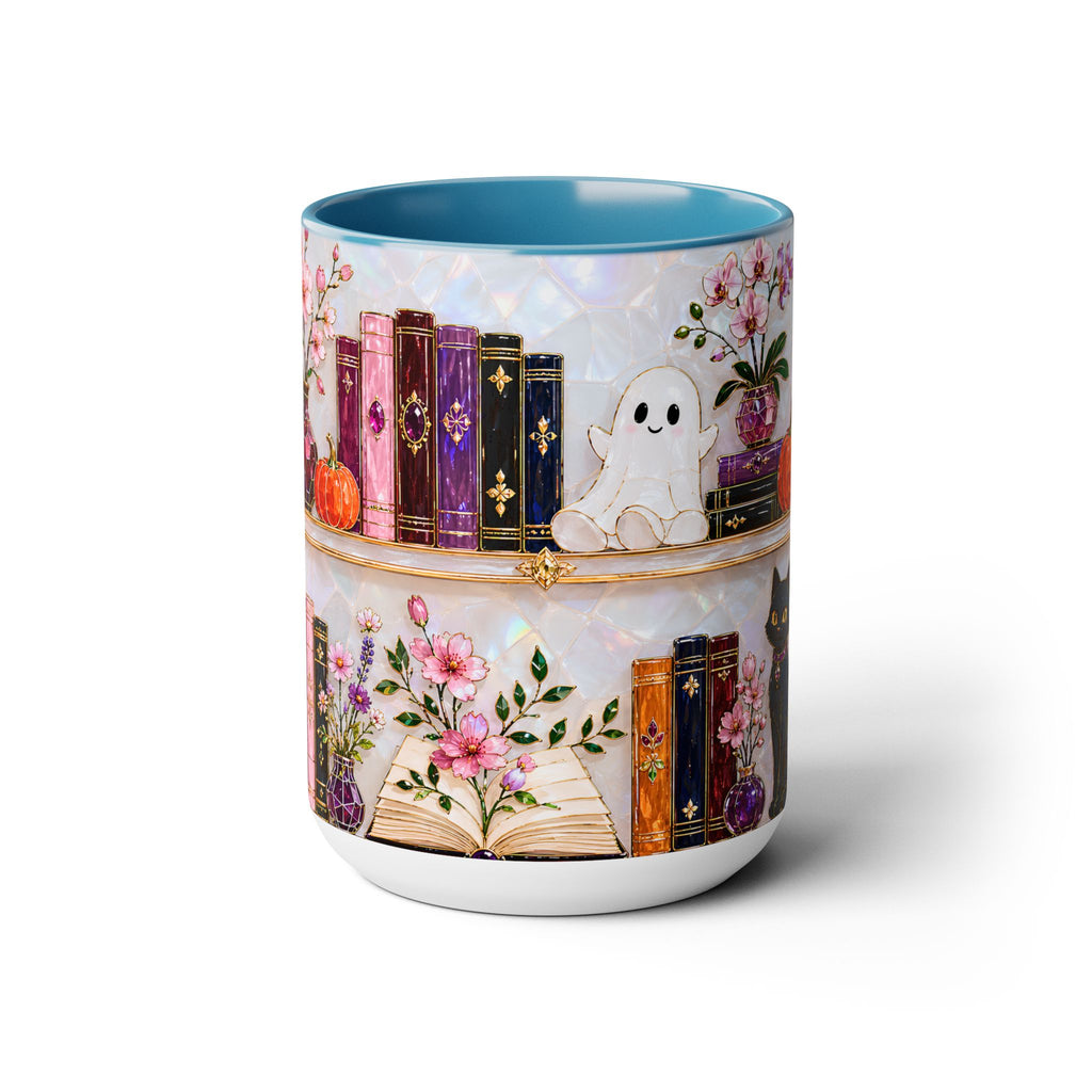 Halloween Ghost Bookshelf Mug, Cute Ghost Coffee Mug, Book Lover Gift, Pink Halloween Mug, Witchy Books Mug, Black Cat Mug, Fall Coffee Cup