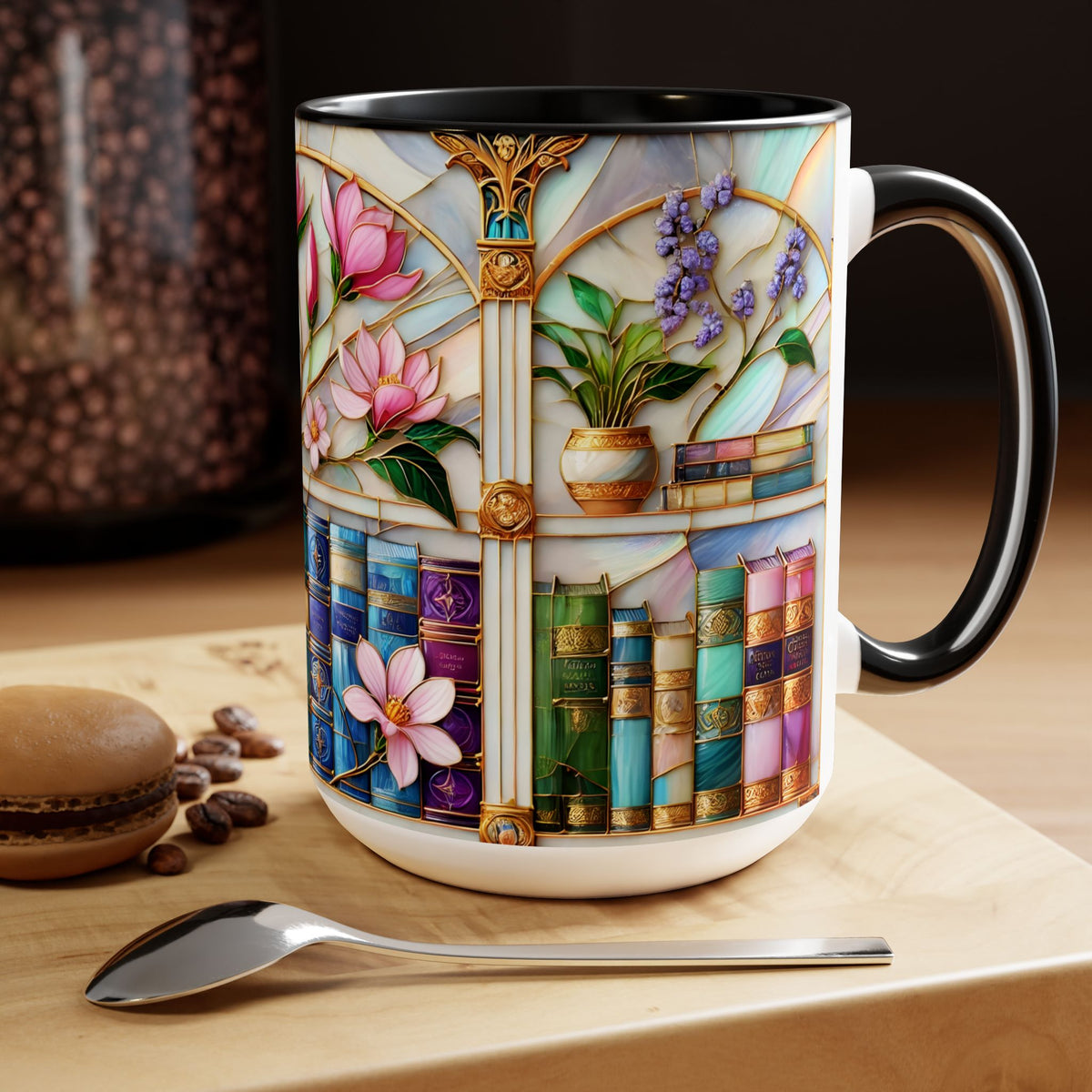 Floral Bookshelf Coffee Mug, Bookish Stained-Glass Style Mug, Book Lover Gift, Reading Mug for Women, Library Aesthetic Cup 15oz