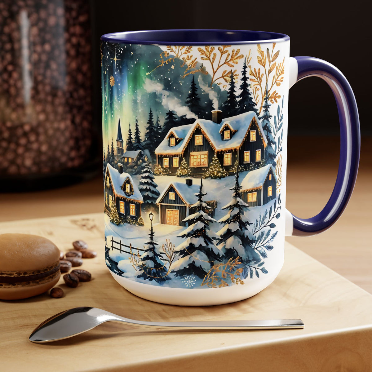 Christmas Village Mug, Christmas Cabin Mug, Merry Christmas Mug, Winter Mug, Unique Christmas Gift, Big Mug, Vintage Style Mug 15oz