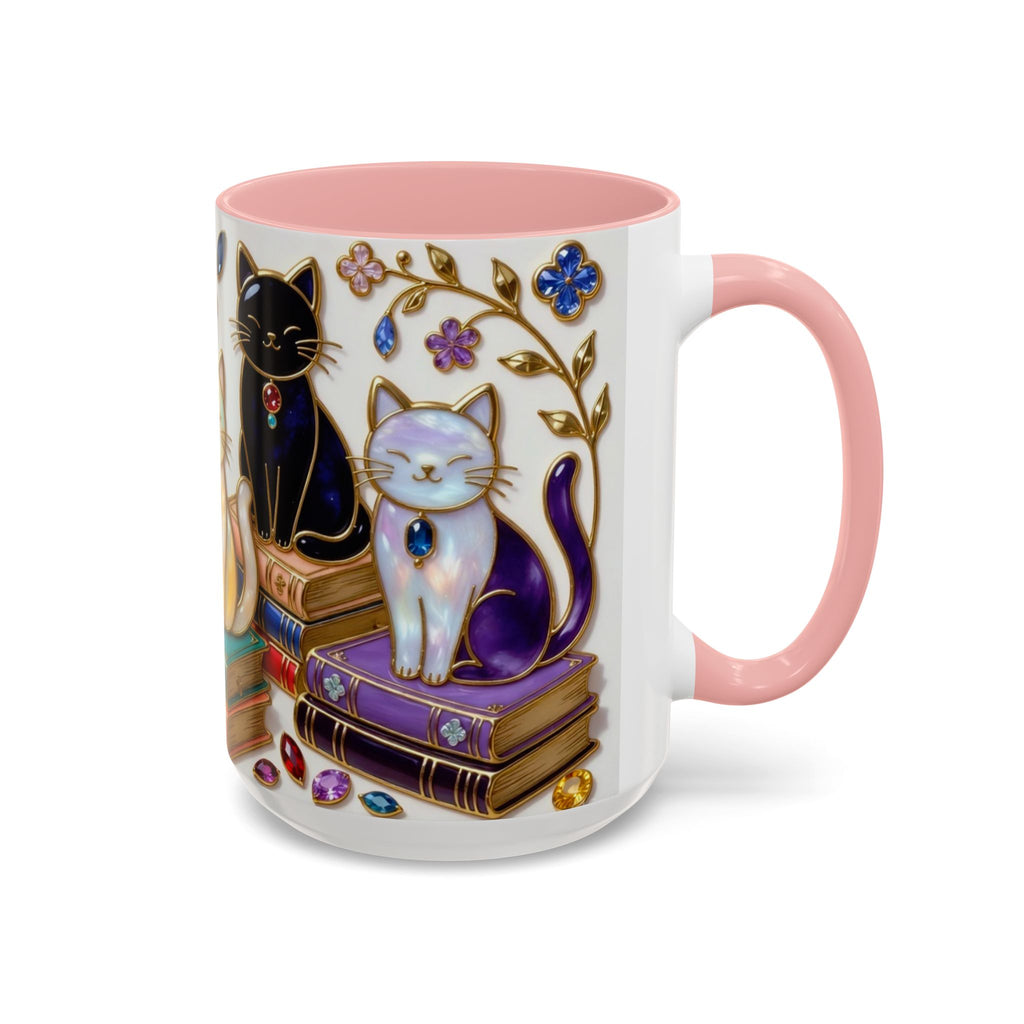 Stained Glass Style Cats Mug, Bookish Cat Art Mug, Jewel Tone Fantasy Cats Cup, Book Lover Mug 15oz