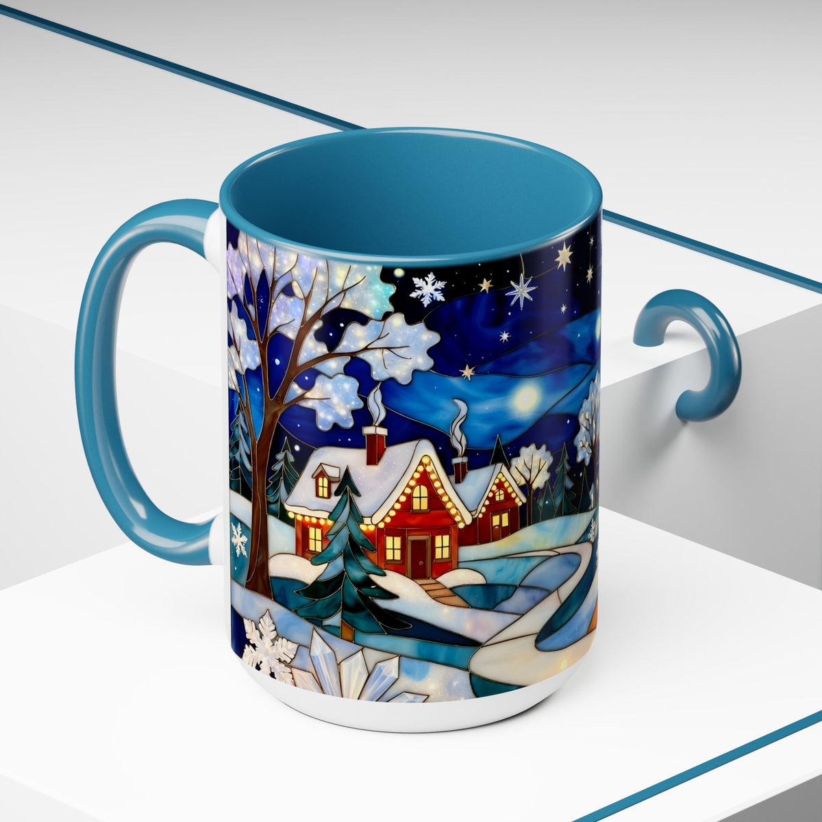 Stained Glass Christmas Village Mug, Winter Cottage Snow Scene Mug, Cozy Holiday Art Cup, Christmas Gift Mug 15oz