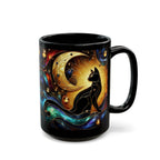 Black Cat Mug, Crescent Moon Halloween Cat Mug, Stained Galss Style Halloween Cat Mug, Dark Academia Witchy Stained Glass Cat Moon Cup 15oz