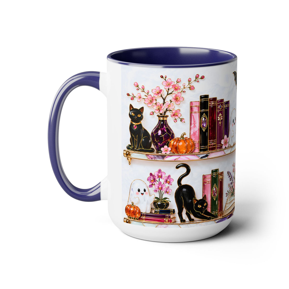 Halloween Ghost Bookshelf Mug, Black Cat Coffee Mug, Book Lover Gift, Witchy Ghost Mug, Spooky Library Cup, Fall Mug, Dark Academia Mug