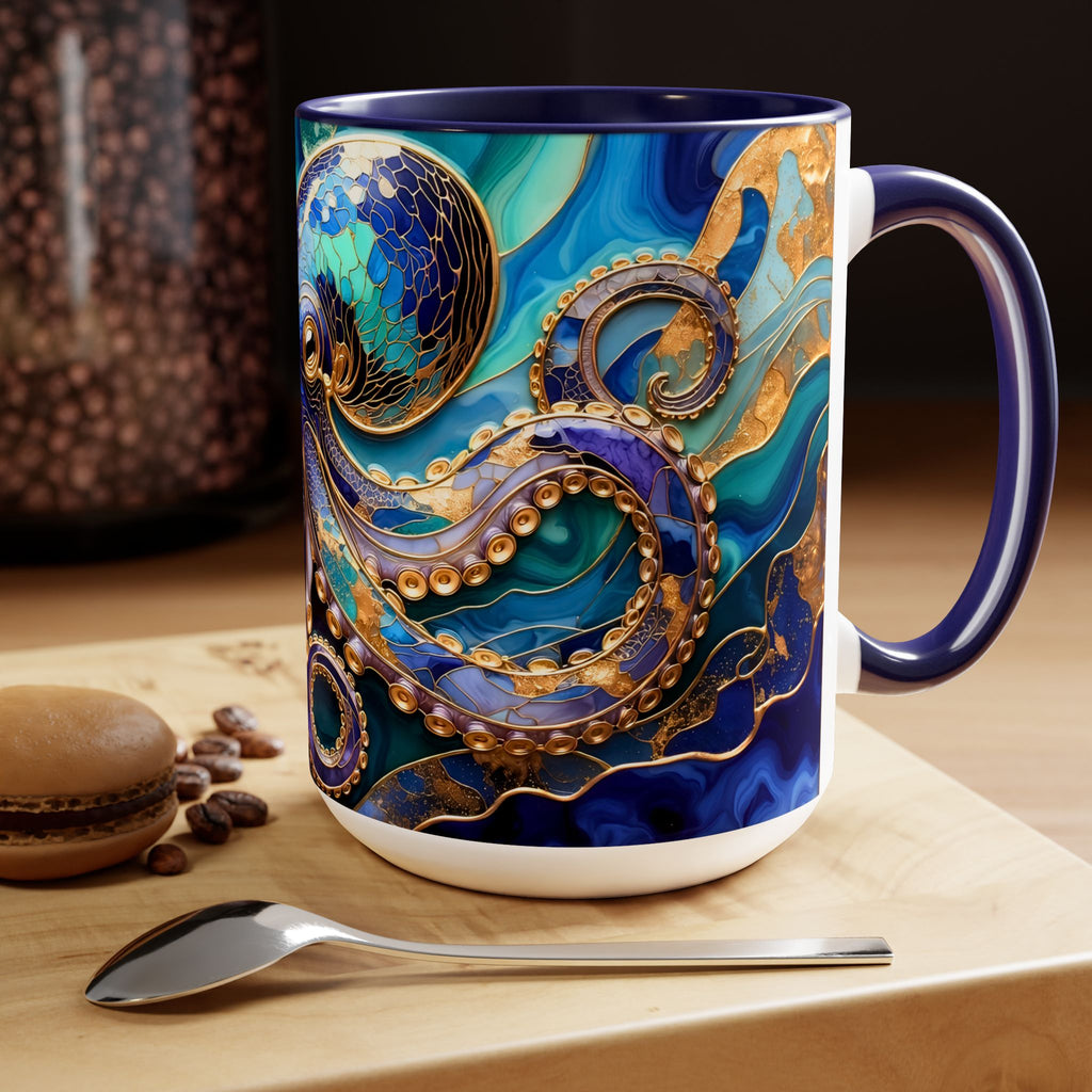 Blue Octopus Mug, Stained Glass Style | Ocean Art Coffee Cup, Beach Lover Cup 15oz