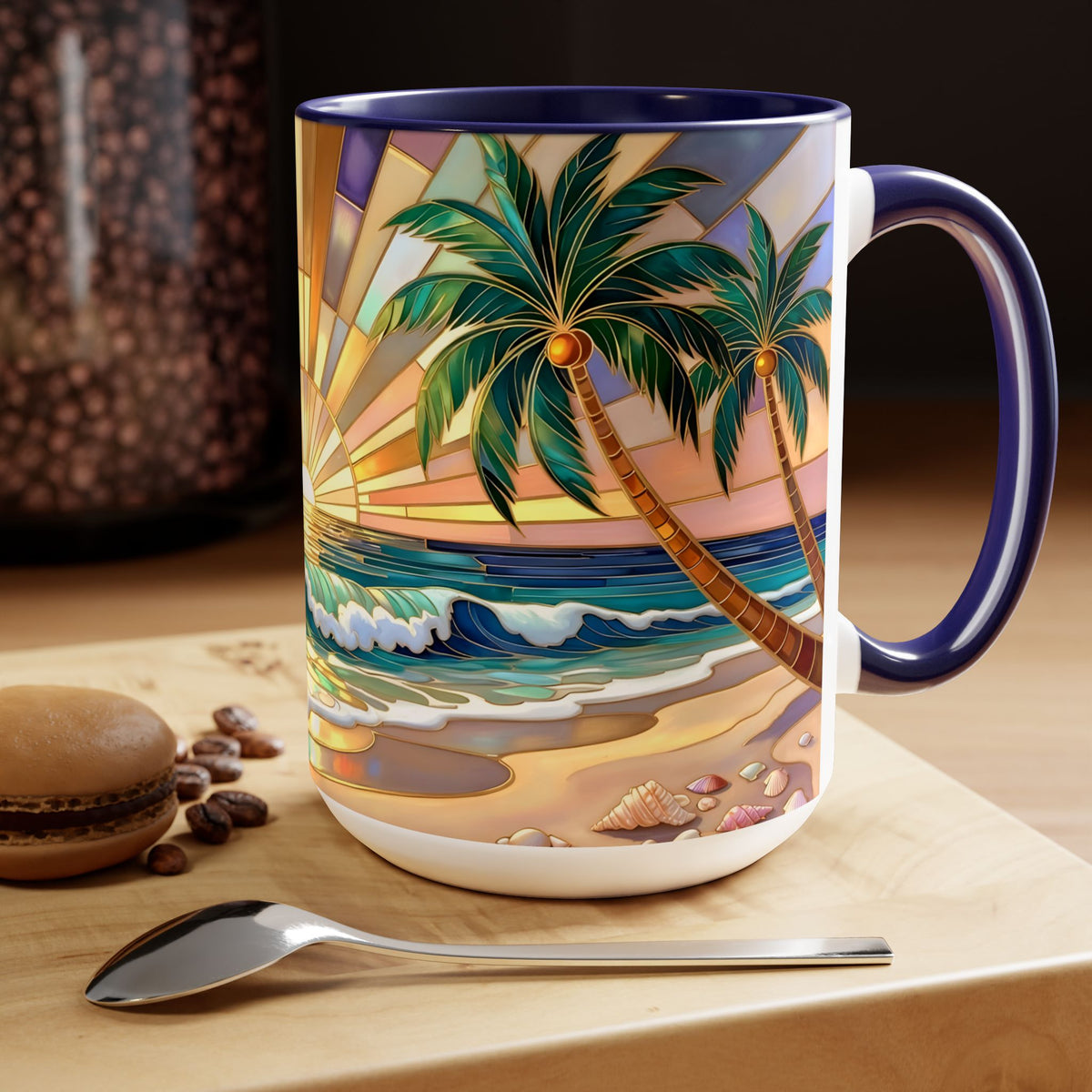 Beach Sunrise Stained Glass Style Mug, Coastal Ocean Coffee Cup, Sunrise Sea Mug, Beach Lover Cup 15oz