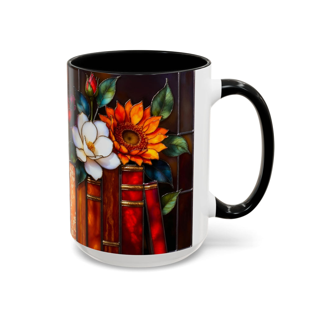 Floral Stained Glass Style Book Mug, Bookshelf Floral Ceramic Mug 15oz, Elegant Book Lover Gift, Garden Book Lover Gift
