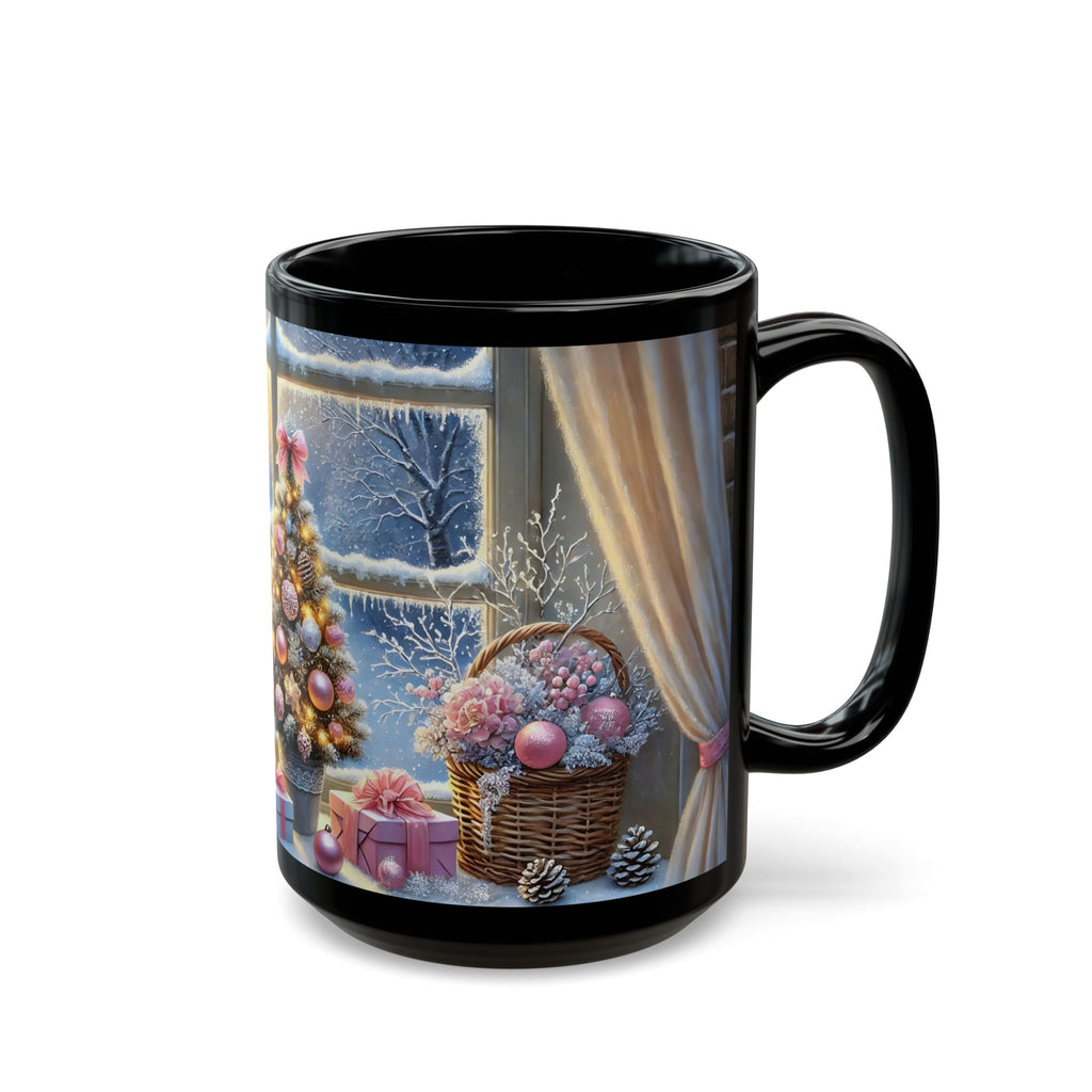 Cozy Christmas Snowy Window View Mug, Christmas Coffee Mug, Pink Holiday Decor Coffee Cup, Festive Kitchen Gift, Winter Mug 11oz, 15oz