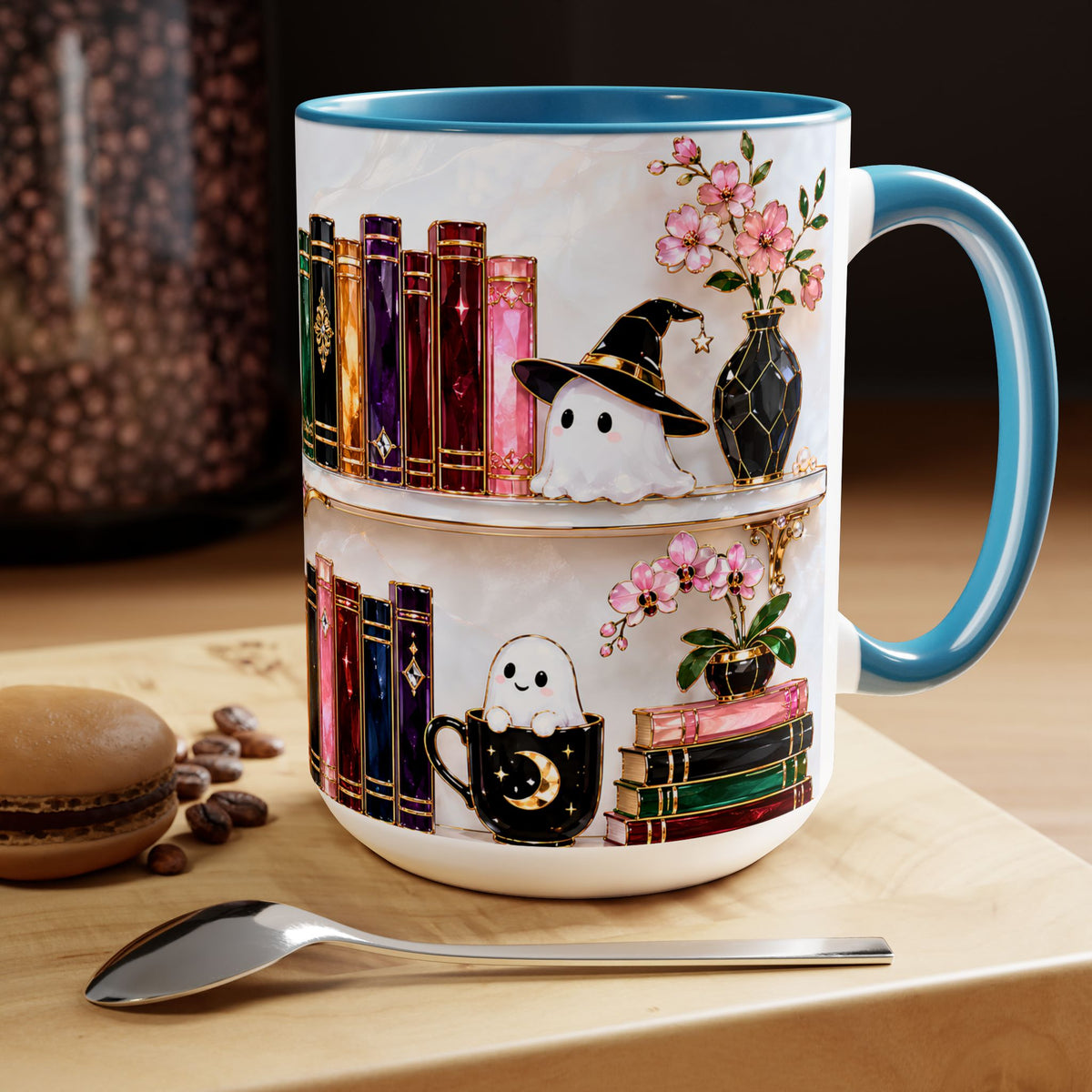 Halloween Ghost Bookshelf Mug, Black Cat Coffee Mug, Witchy Ghost Mug, Book Lover Gift, Spooky Library Mug, Pink Floral Bookshelf Mug 15oz