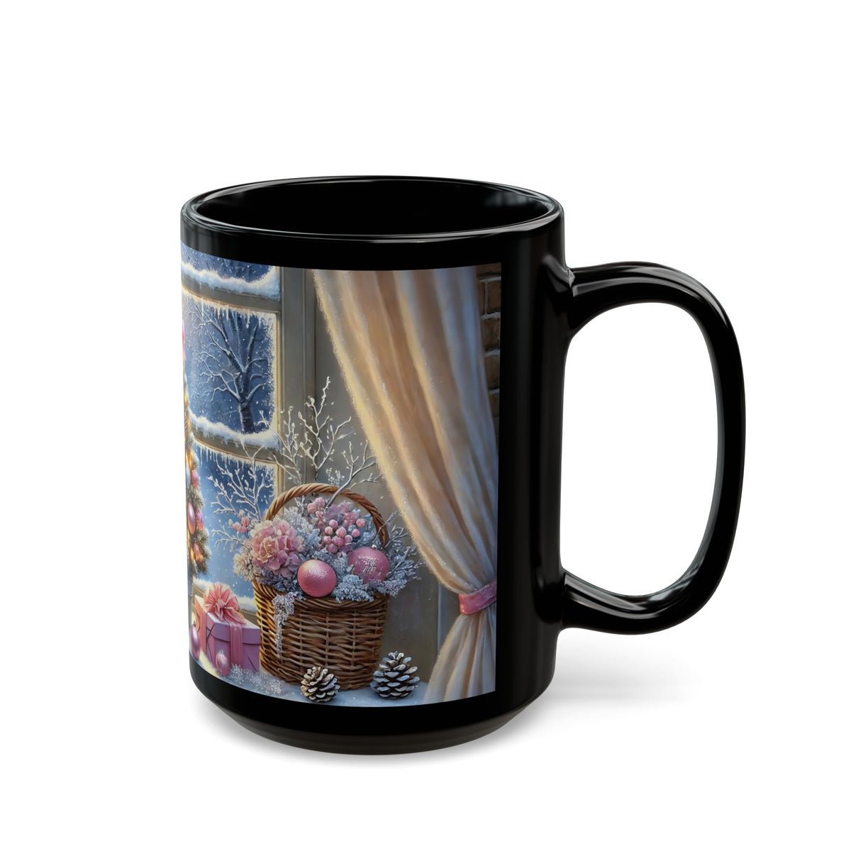 Cozy Christmas Snowy Window View Mug, Christmas Coffee Mug, Pink Holiday Decor Coffee Cup, Festive Kitchen Gift, Winter Mug 11oz, 15oz