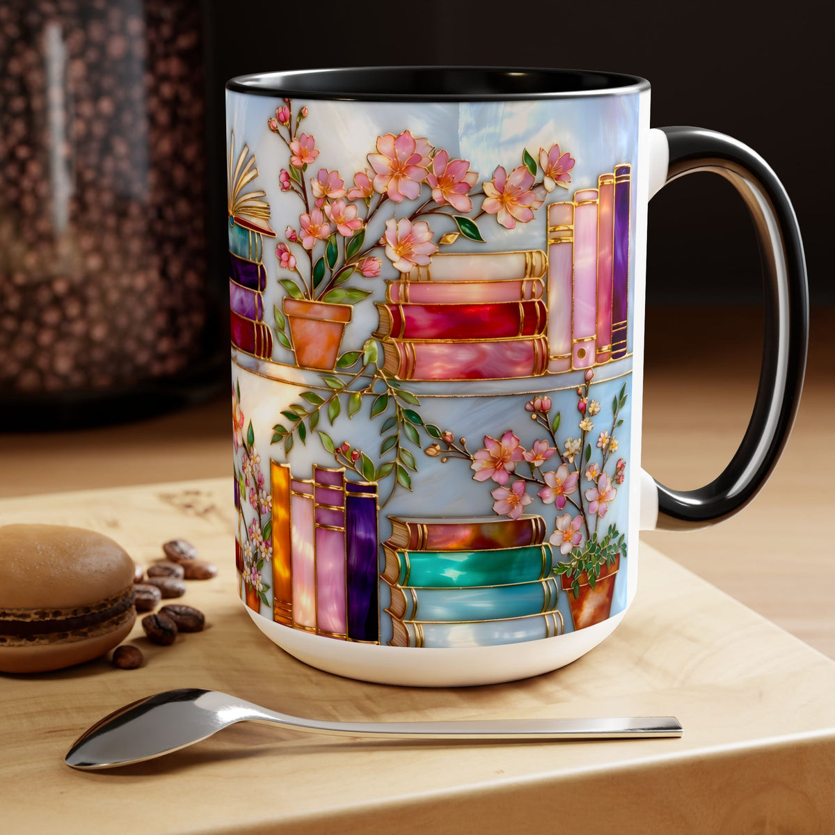 Floral Bookshelf Mug for Book Lovers, Bookish Library Coffee Cup, Black Ceramic 15oz, Stained Glass Style Design