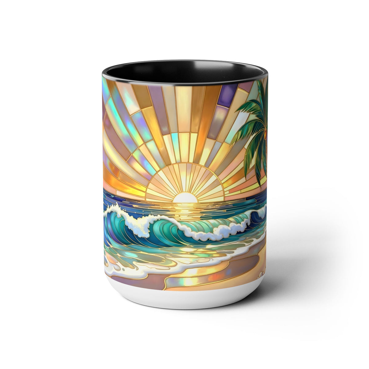 Beach Sunrise Stained Glass Style Mug, Coastal Ocean Coffee Cup, Sunrise Sea Mug, Beach Lover Cup 15oz