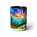 Stained Glass Style Sunset Mountains Coffee Mug, Pine Forest Cup Gift 15oz